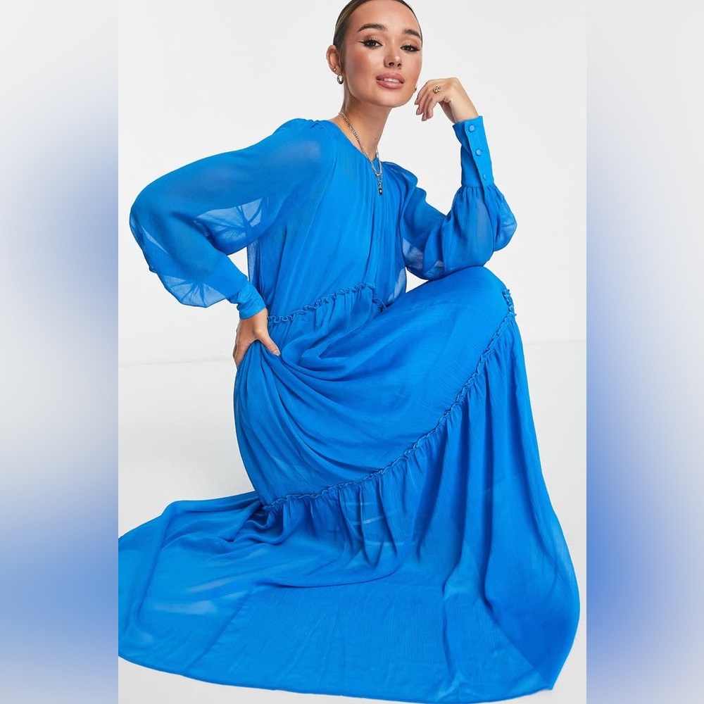Topshop Chuck On Long Sleeve Tiered Maxi Dress blue 11153